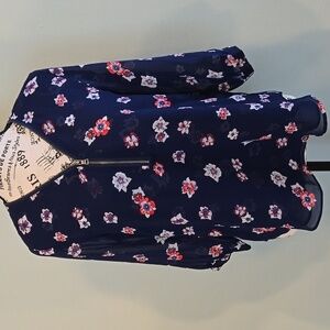 3/4 Length Flower Printed Blue Blouse